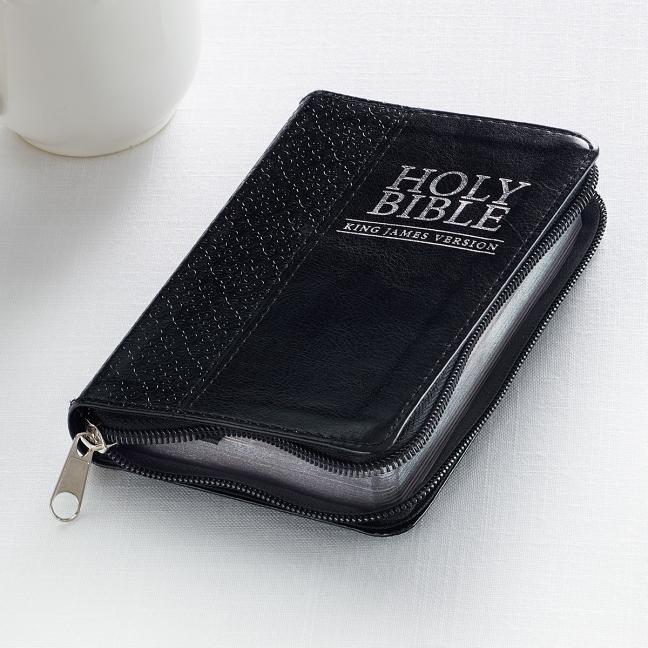 Item #532635 KJV Holy Bible, Mini Pocket Bible – Zippered Black Faux Leather Bible w/Ribbon...